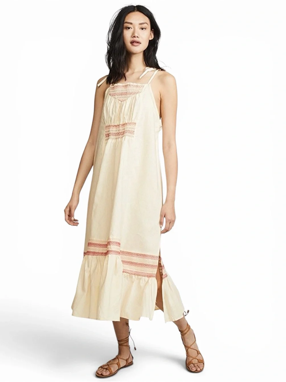 Free People Cream Smocked Tie-Strap Midi Dress with Pink Embroidery Size M